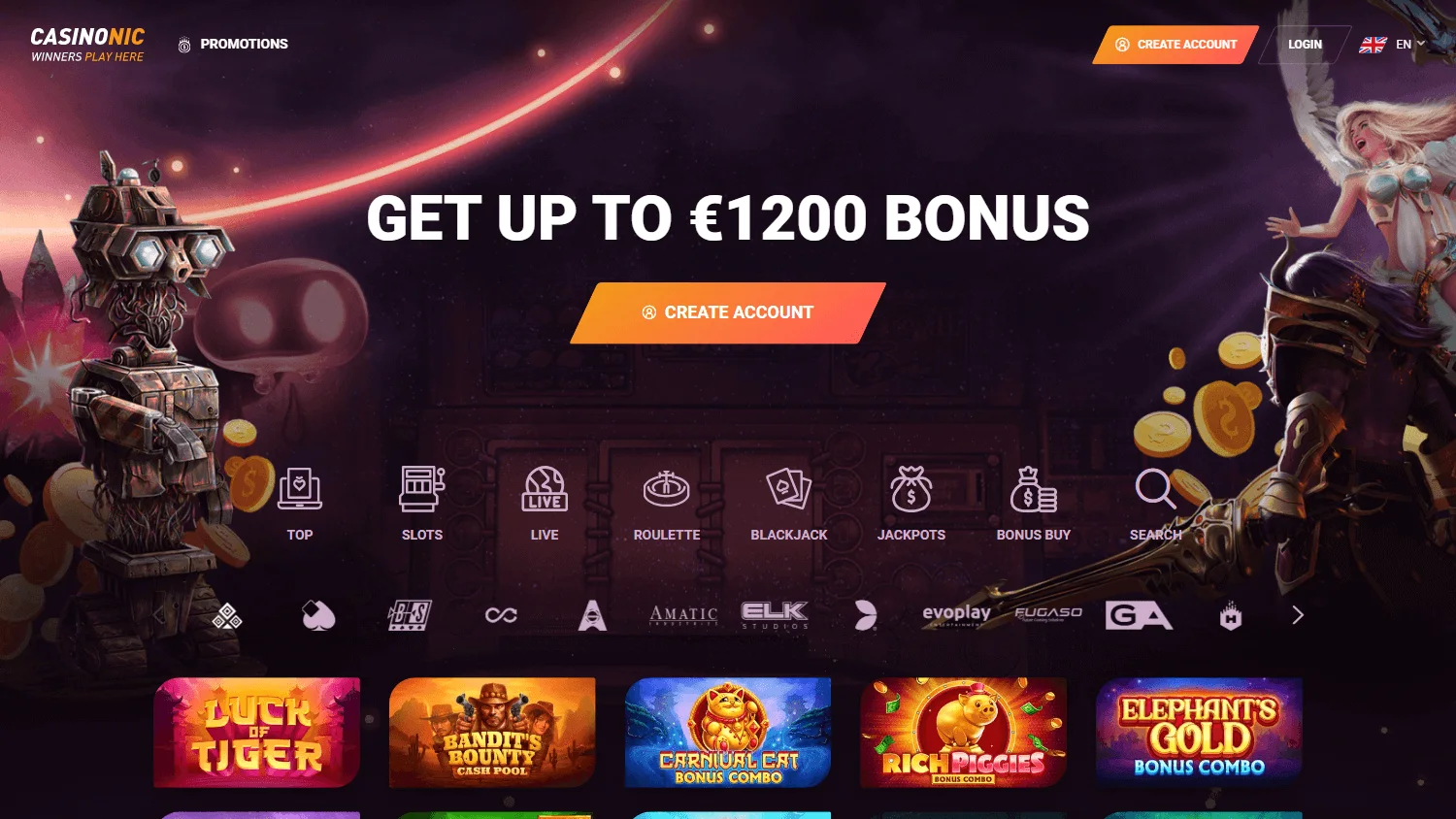 Casinonic Casino home screen on desktop with casino access and account tools