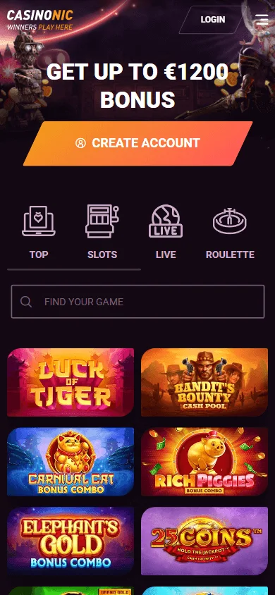 Casinonic Casino home screen on a mobile device with casino games and live casino access