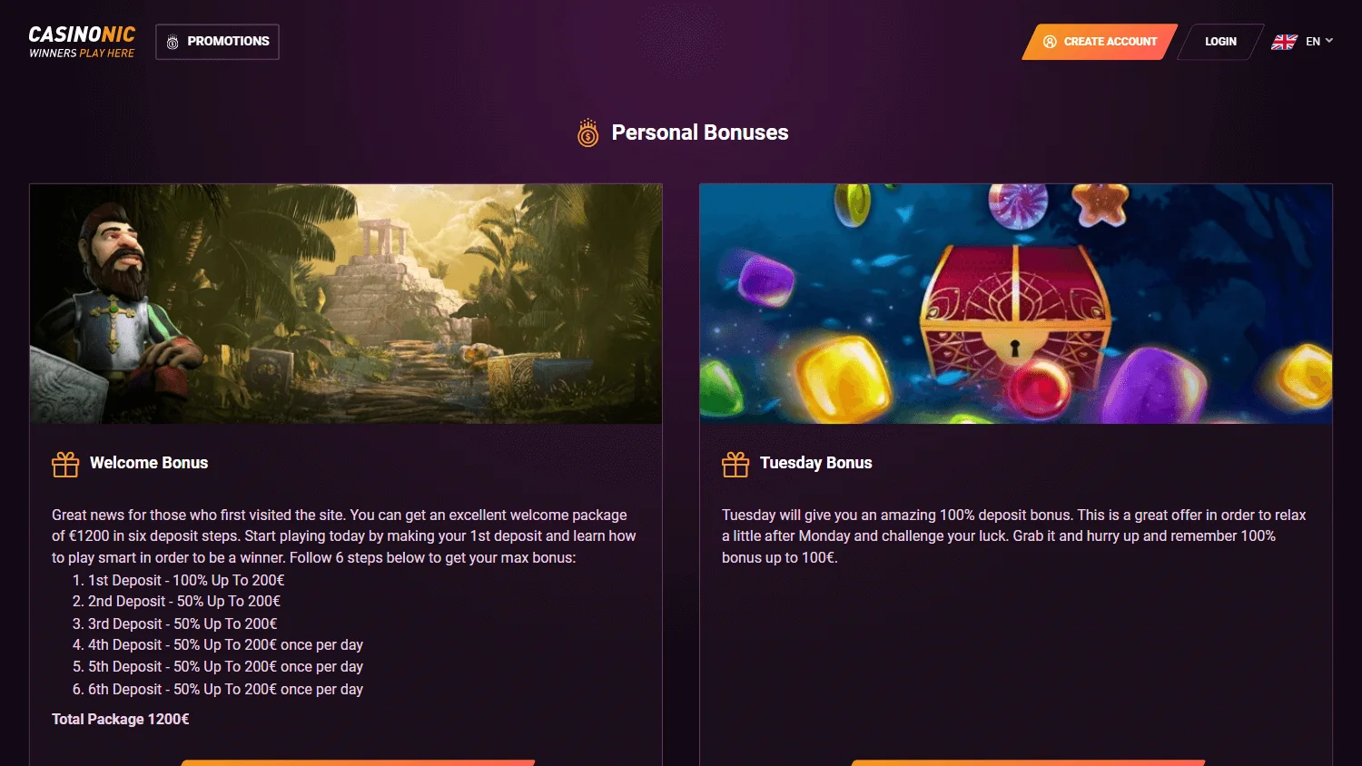 Casinonic Casino promotions screen on desktop with welcome and deposit offers